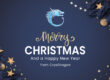 Merry Christmas and Happy New Year from CryoDragon 2020 - Signage with blue pine tree border and stars