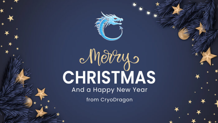 Merry Christmas and Happy New Year from CryoDragon 2020 - Signage with blue pine tree border and stars