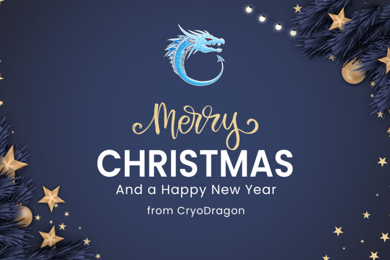 Merry Christmas and Happy New Year from CryoDragon 2020 Merry Christmas and Happy New Year from CryoDragon 2020 - Signage with blue pine tree border and stars